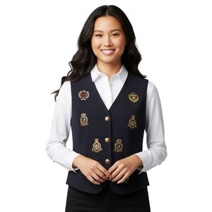Liz Claiborne Vintage Navy Wool Embroidered Crests Gold Button Vest Size 10
